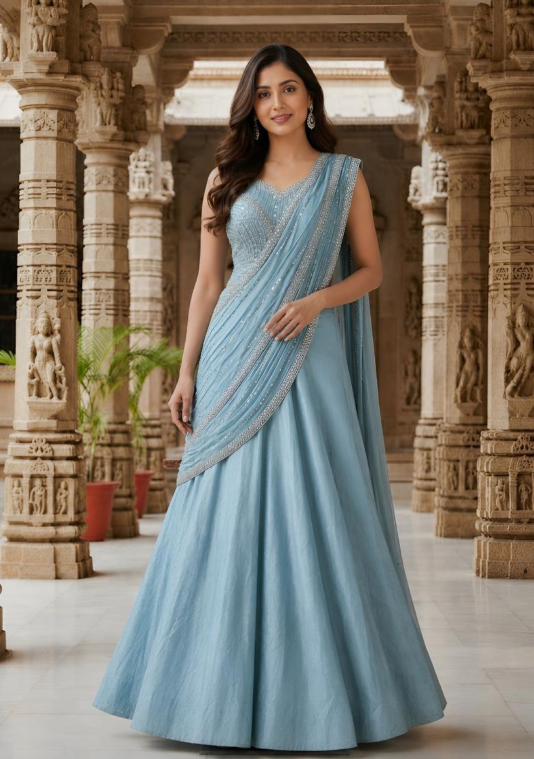 Sky Blue Sequin Work Chinon Lehenga Set - Indya