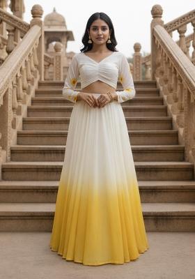 White And Yellow Printed Georgette Lehenga Set