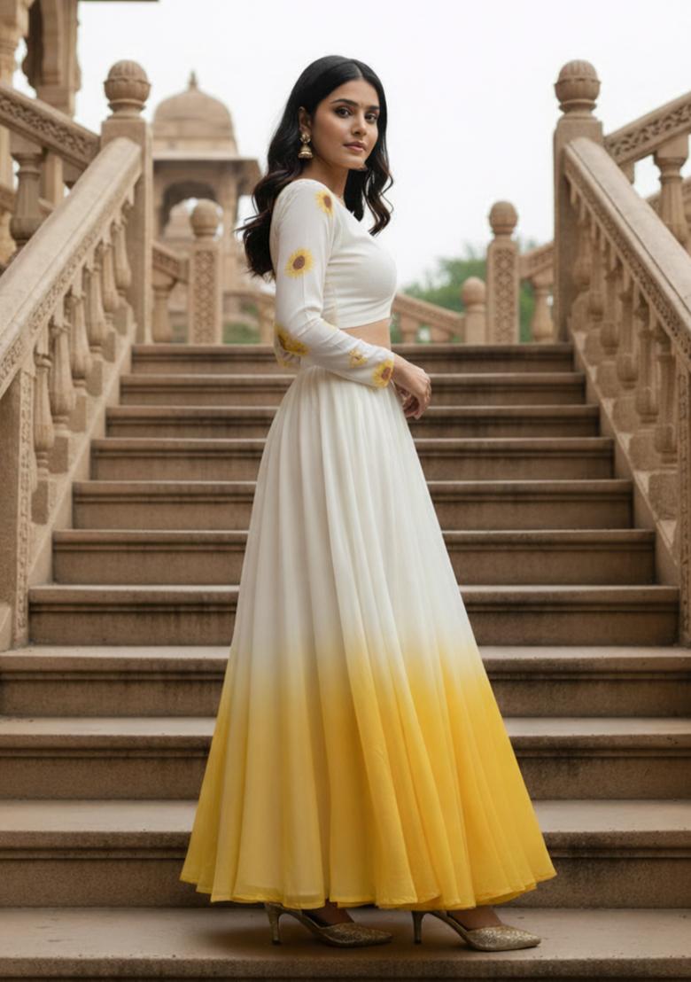 White And Yellow Printed Georgette Lehenga Set - Indya