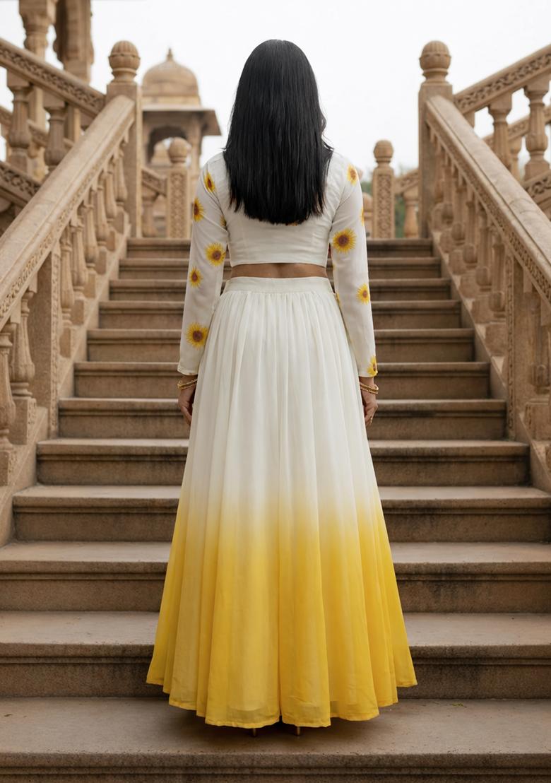 White And Yellow Printed Georgette Lehenga Set - Indya