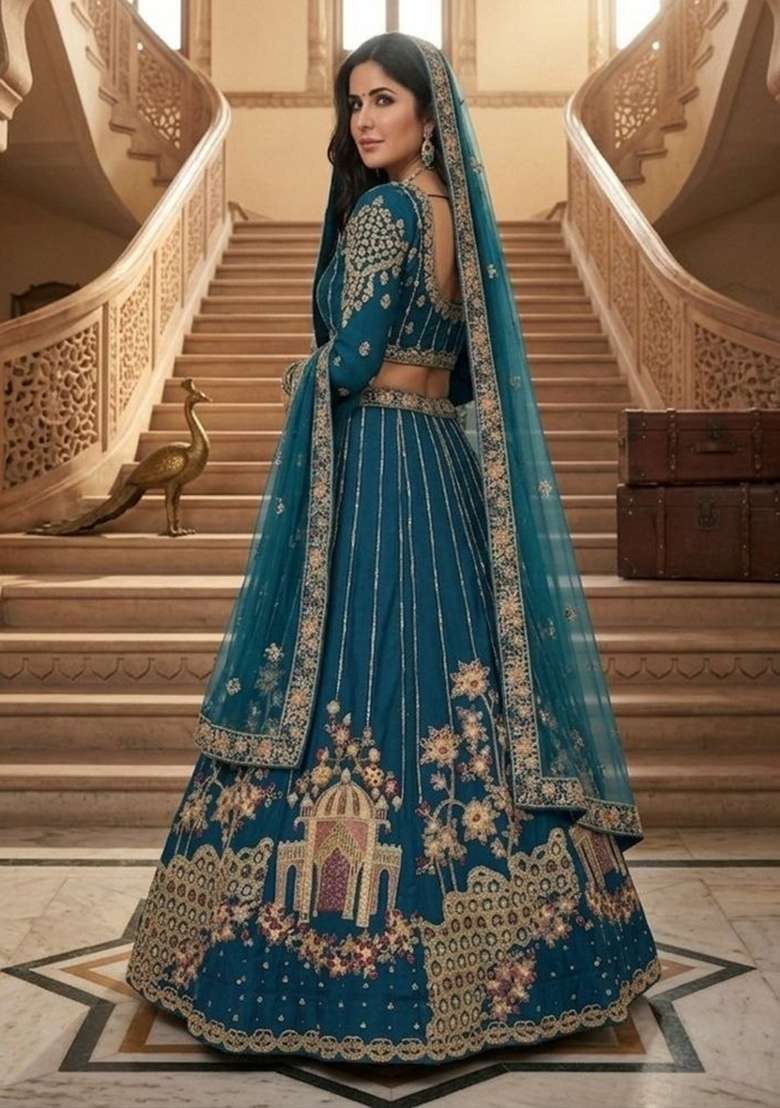 Blue Embroidery Net Lehenga Set - Indya