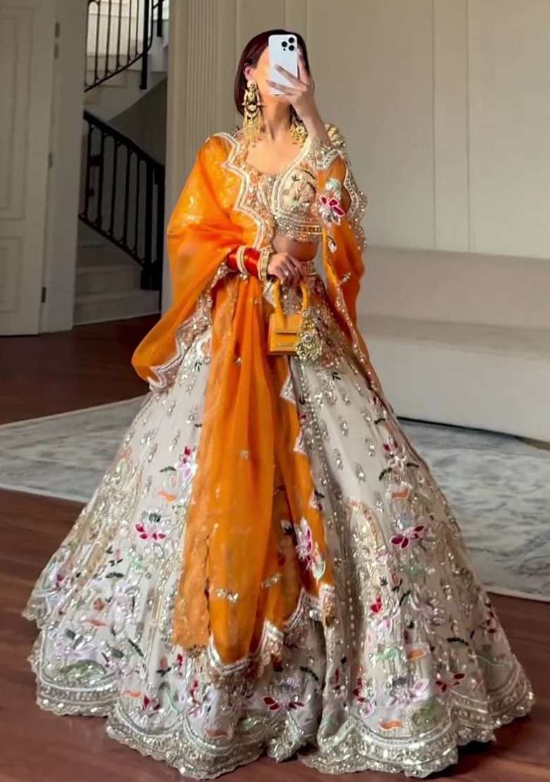 Multi Embroidery Silk Lehenga Set - Indya