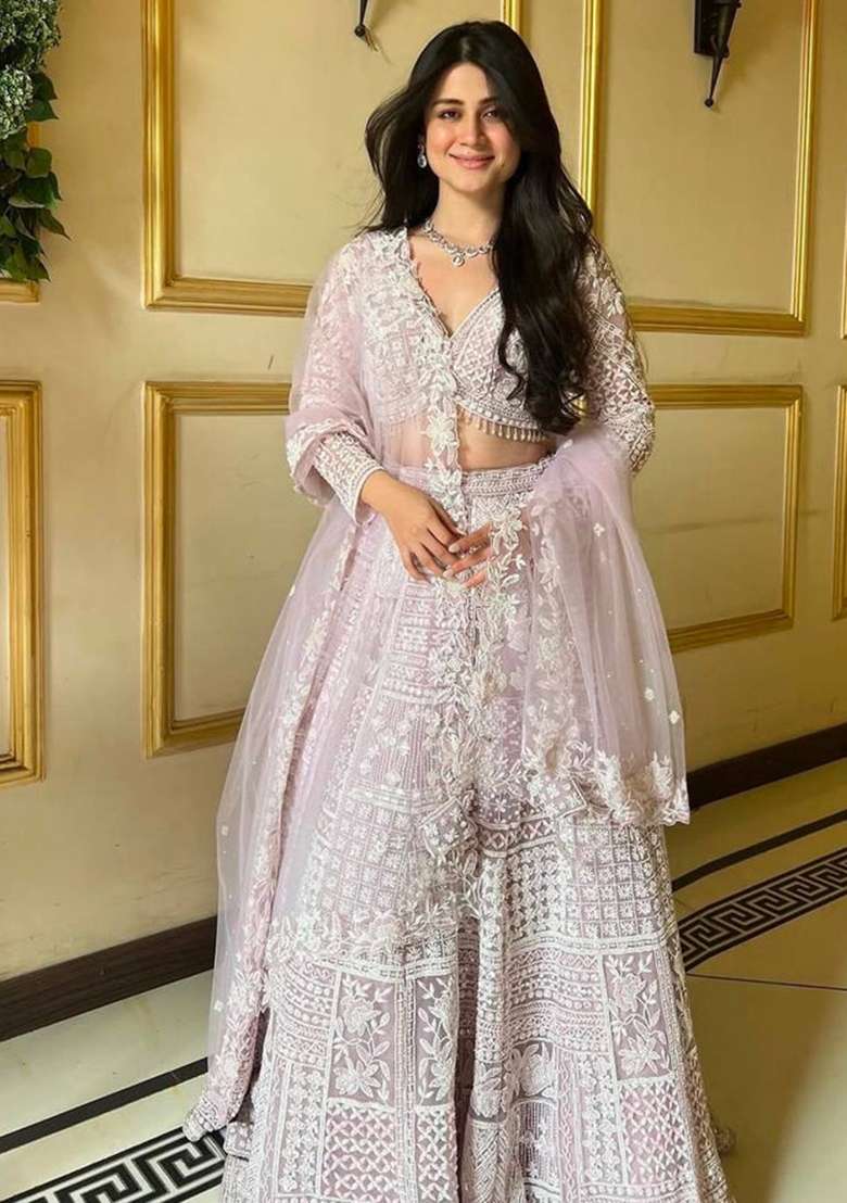 Light Pink Embroidery Net Lehenga Set - Indya