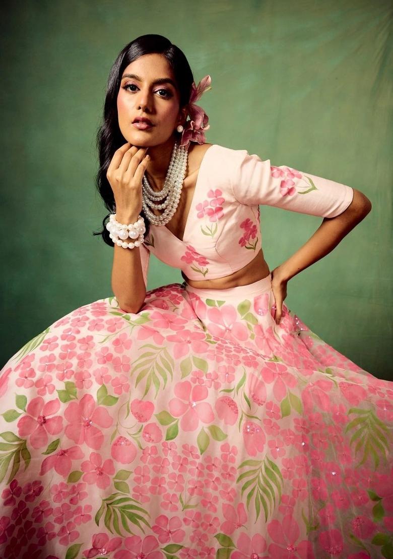 Peach Printed Silk Lehenga Set - Indya
