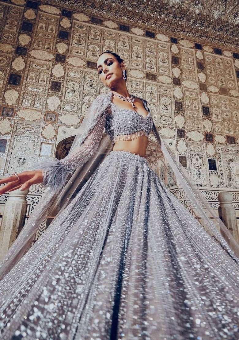 Brown Sequins Silk Lehenga Set - Indya