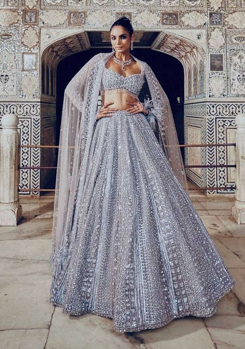 Brown Sequins Silk Lehenga Set - Indya