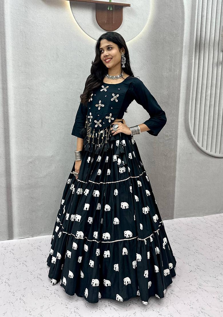 Black Hand Work Cotton Navratri Lehenga Choli - Indya