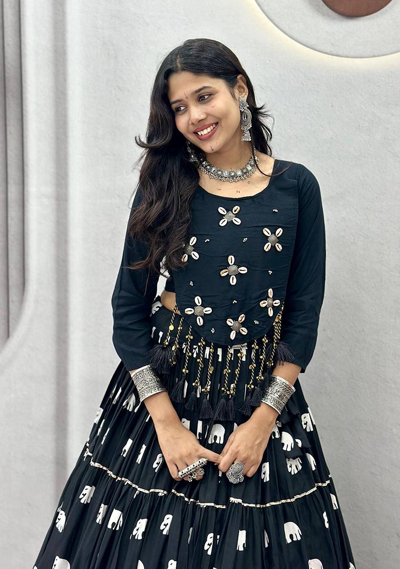 Black Hand Work Cotton Navratri Lehenga Choli - Indya