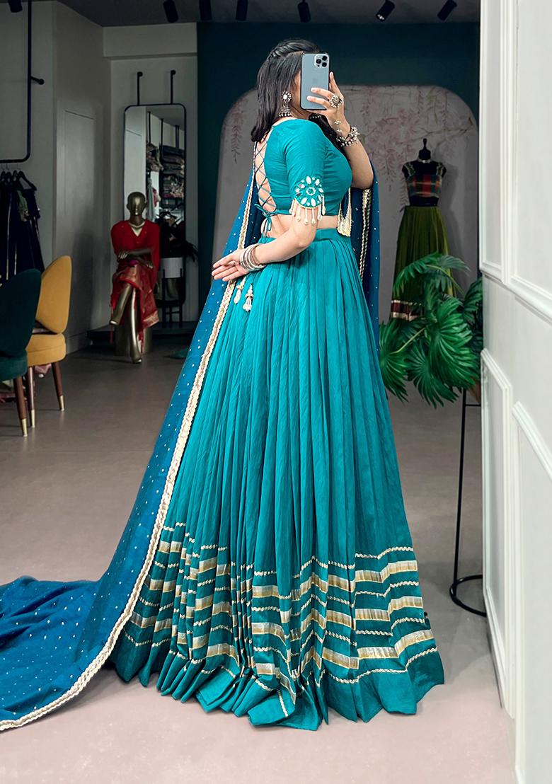 Teal Blue Mirror Work Chanderi Navratri Lehenga Choli - Indya