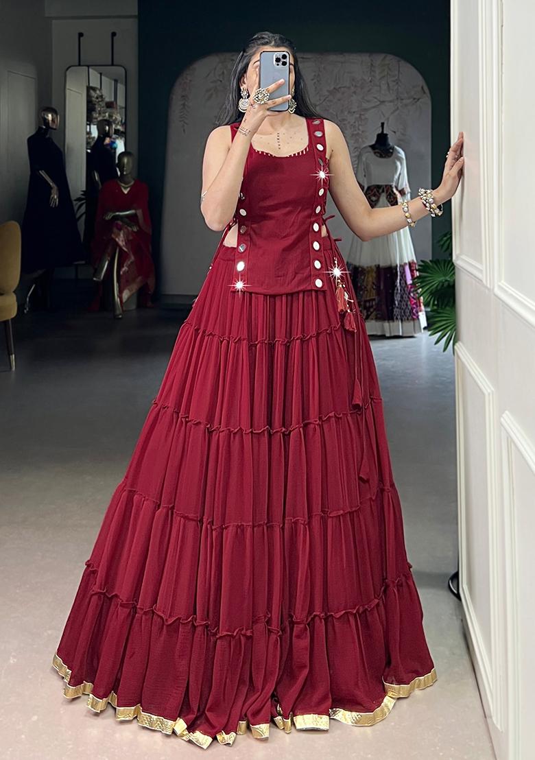 Maroon Eyelet Work Poly Blended Navratri Lehenga Choli - Indya