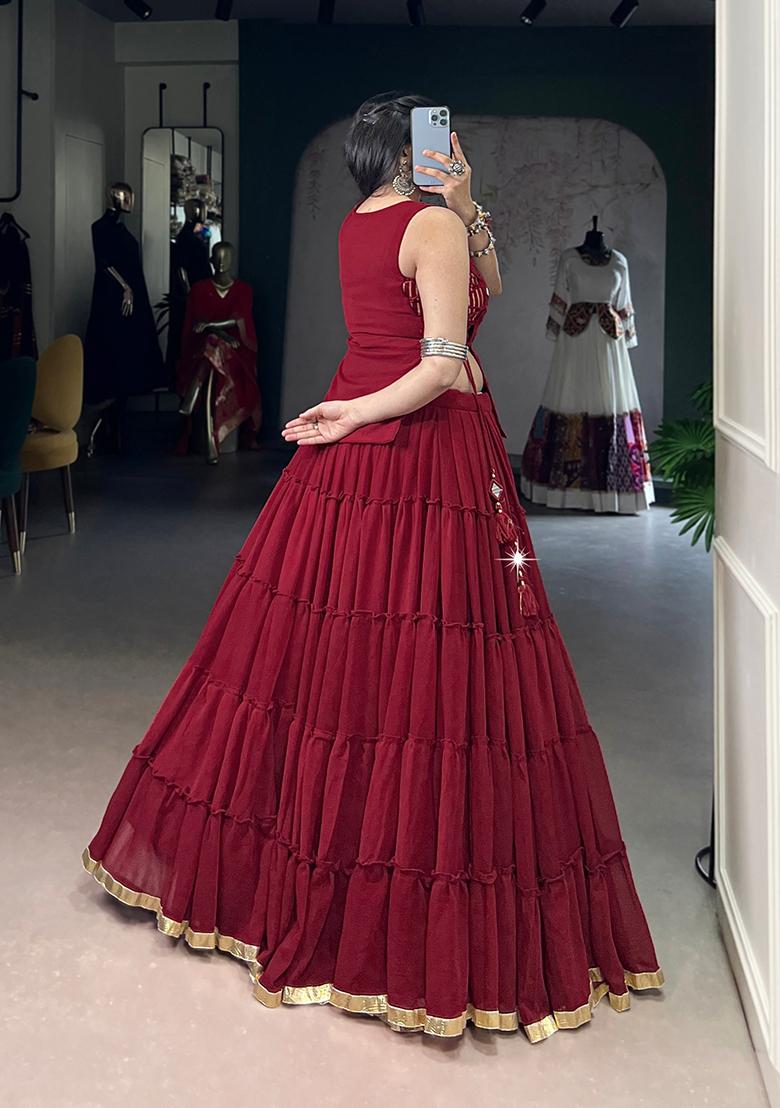 Maroon Eyelet Work Poly Blended Navratri Lehenga Choli - Indya