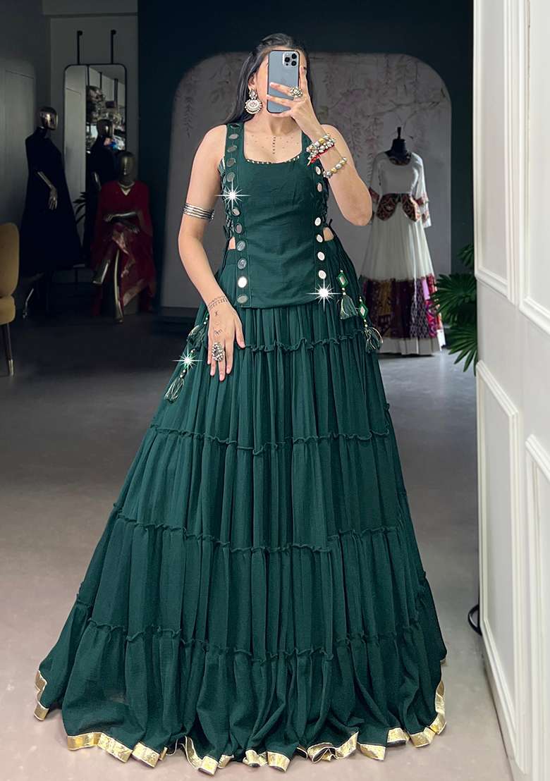 Bottle Green Eyelet Work Poly Blended Navratri Lehenga Choli - Indya