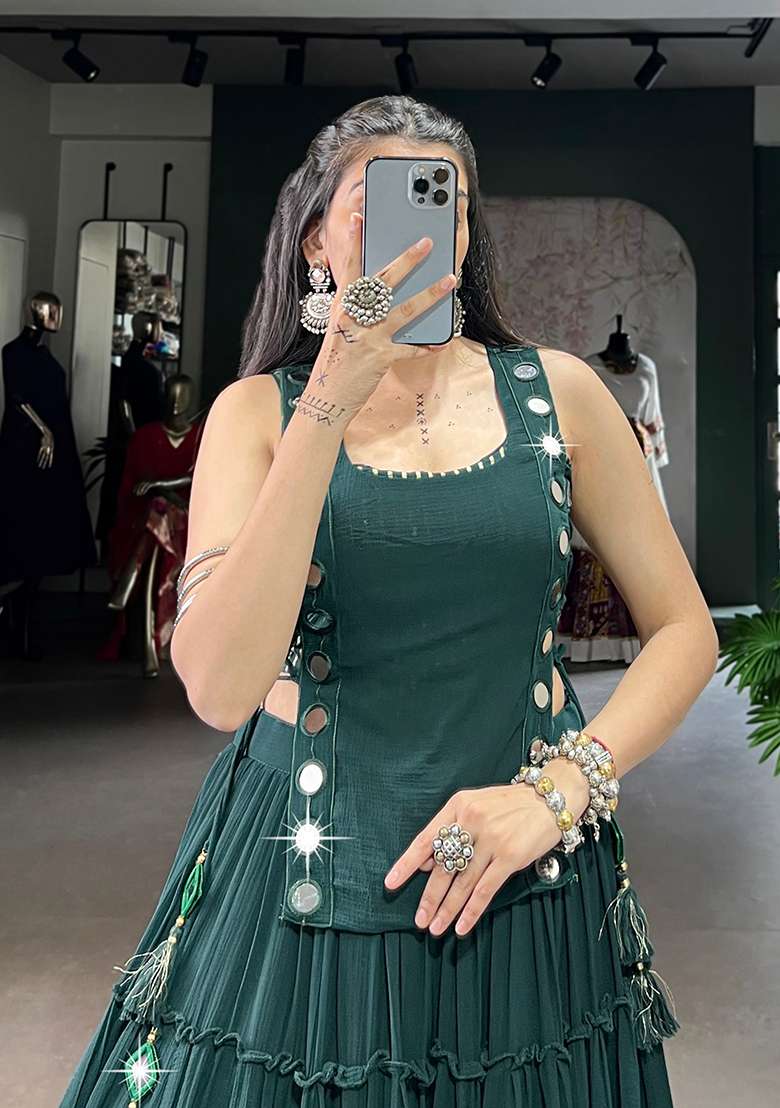 Bottle Green Eyelet Work Poly Blended Navratri Lehenga Choli - Indya
