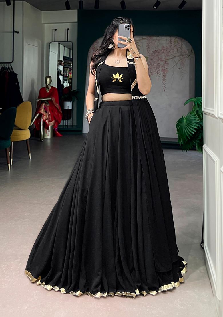 Black Embroidery Poly Blended Navratri Lehenga Choli - Indya