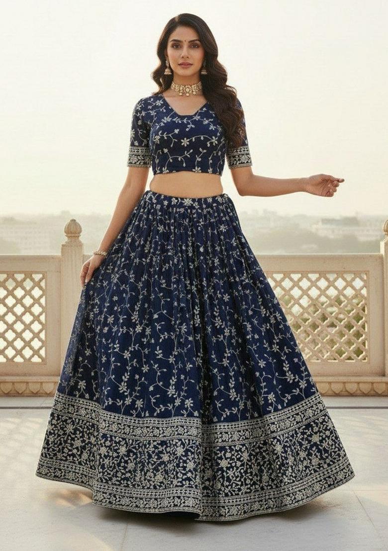 Blue Embroidered Georgette Lehenga Choli - Indya