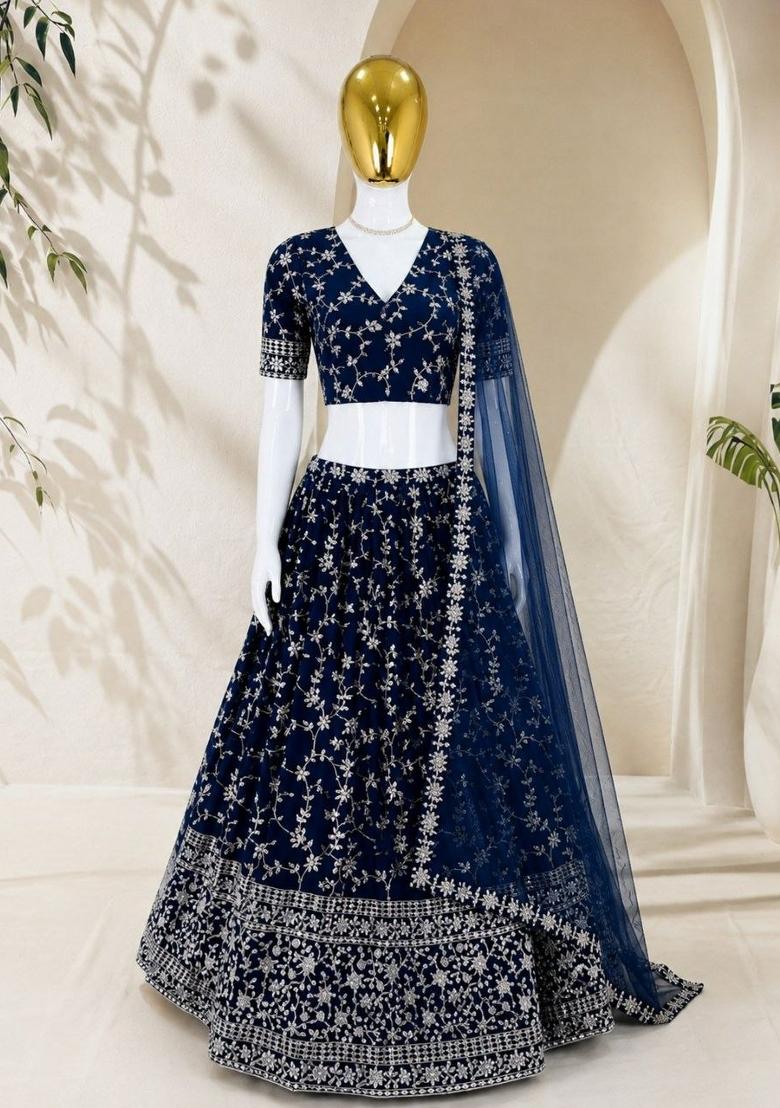 Blue Embroidered Georgette Lehenga Choli - Indya
