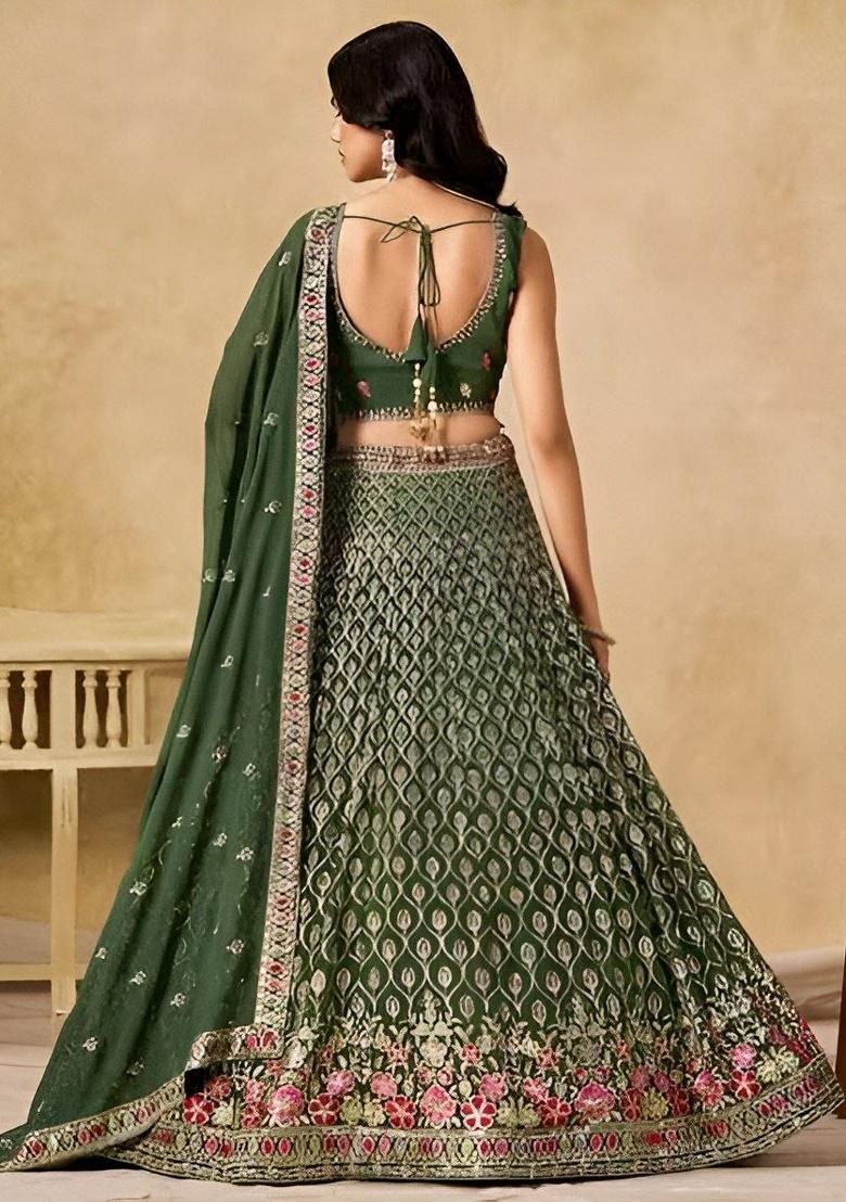 Green Embroidered Georgette Lehenga Choli - Indya