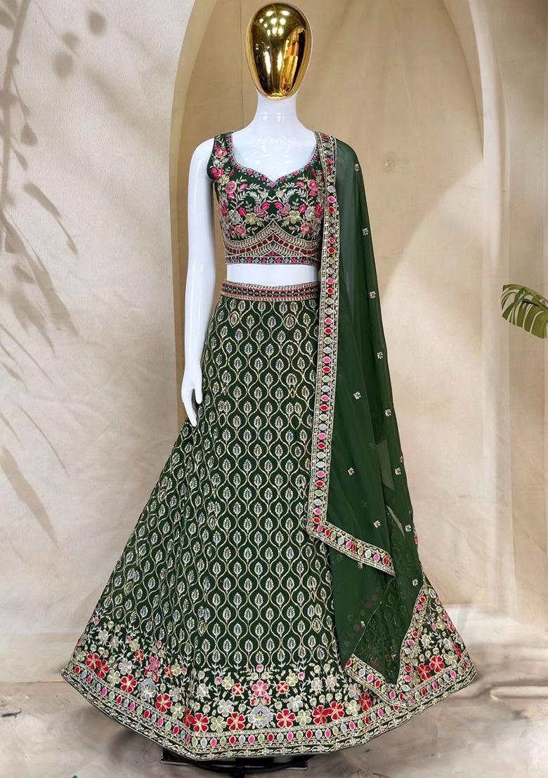 Green Embroidered Georgette Lehenga Choli - Indya