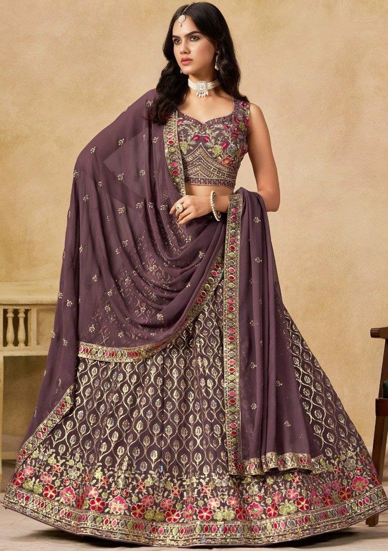 Brown Embroidered Georgette Lehenga Choli - Indya