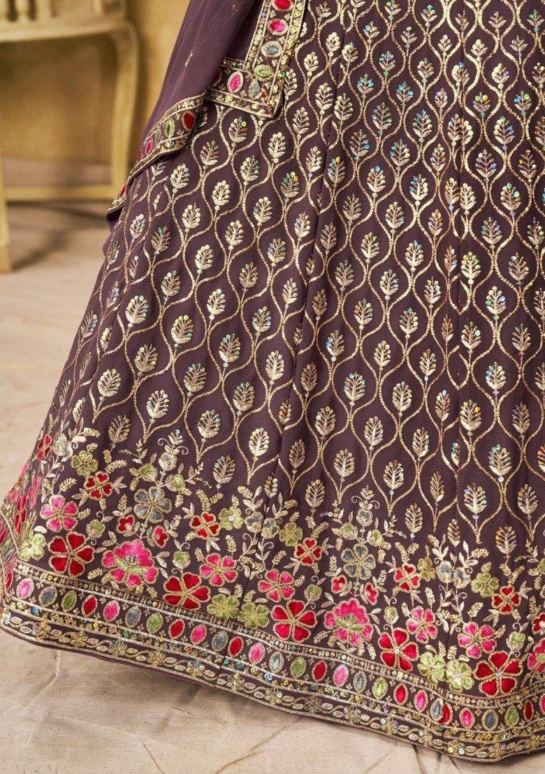 Brown Embroidered Georgette Lehenga Choli - Indya