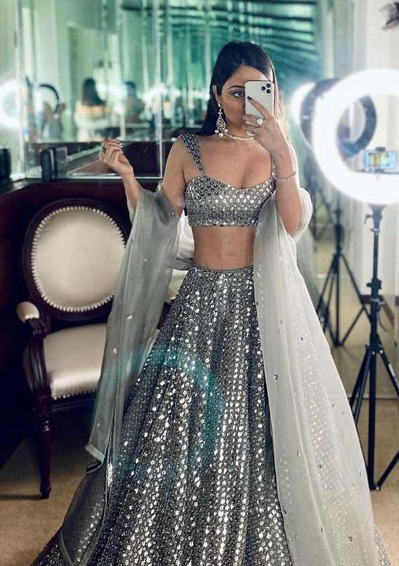 Silver Sequin Work Silk Lehenga Choli - Indya