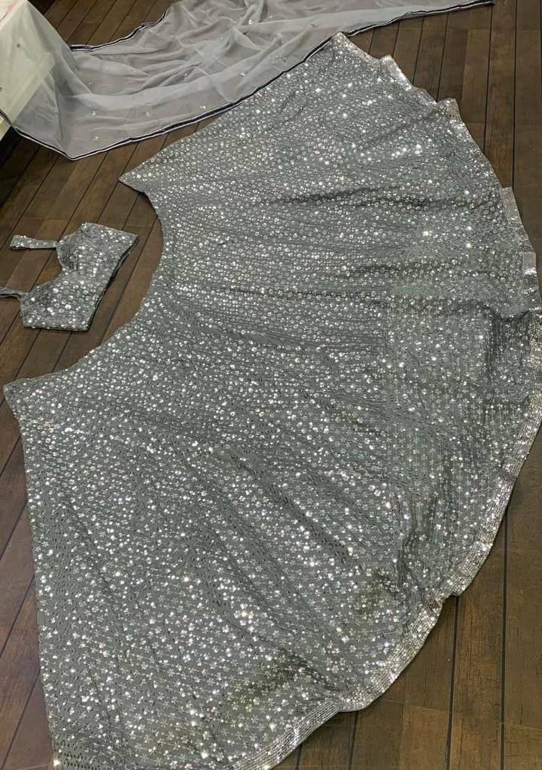 Silver Sequin Work Silk Lehenga Choli - Indya