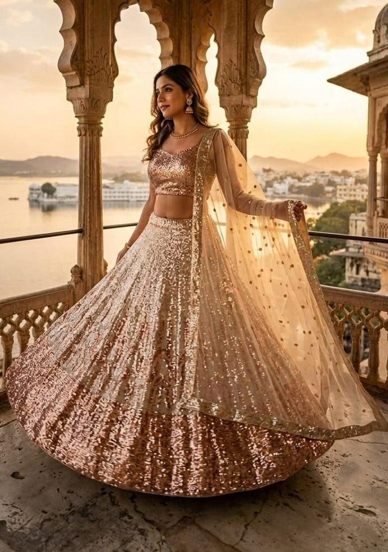 Golden Sequin Work Net Lehenga Choli - Indya
