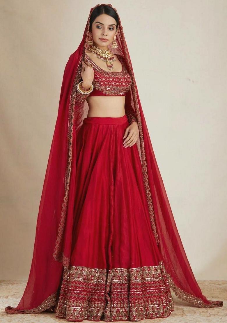 Red Sequin Work Silk Sharara Set - Indya