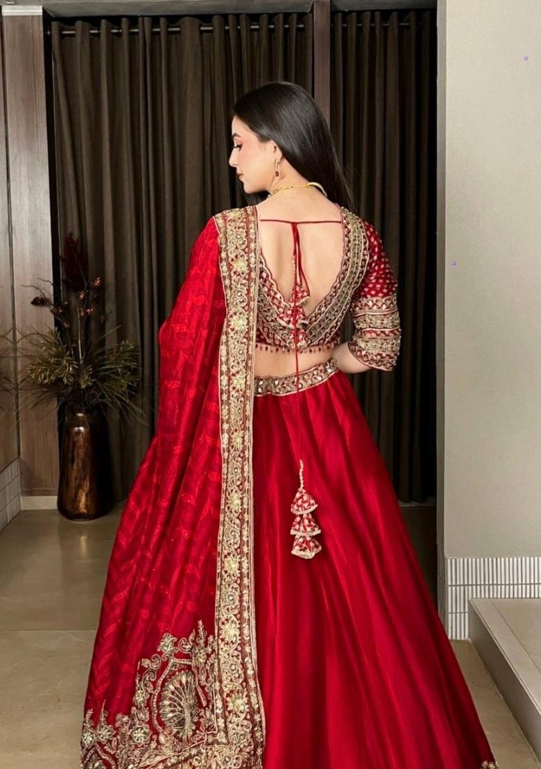 Red Sequin Work Chinon Sharara Set - Indya