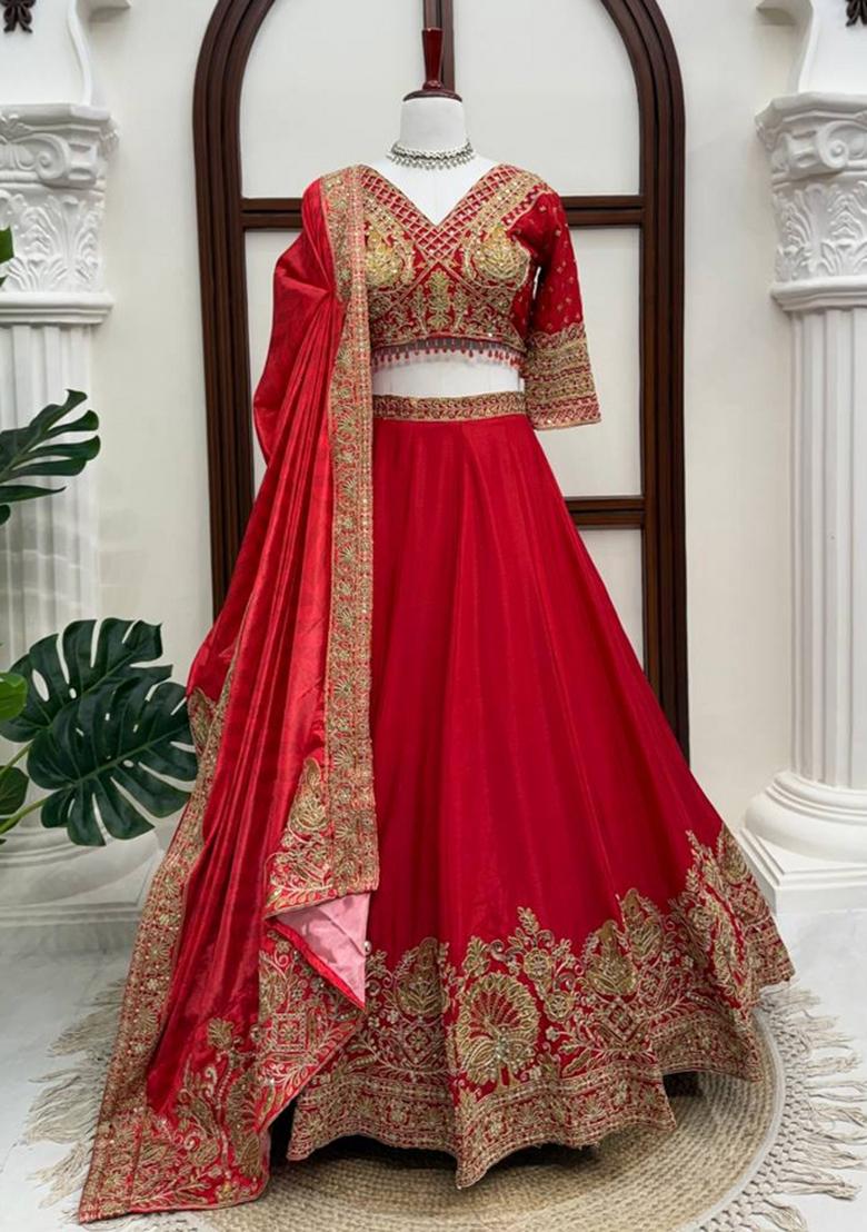 Red Sequin Work Chinon Sharara Set - Indya