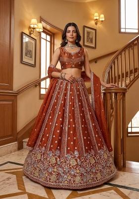Rust Orange Thread Work Silk Lehenga Set