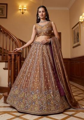 Brown Thread Work Silk Lehenga Set