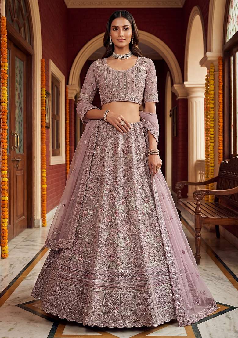 Purple Embroidery Net Lehenga Set - Indya