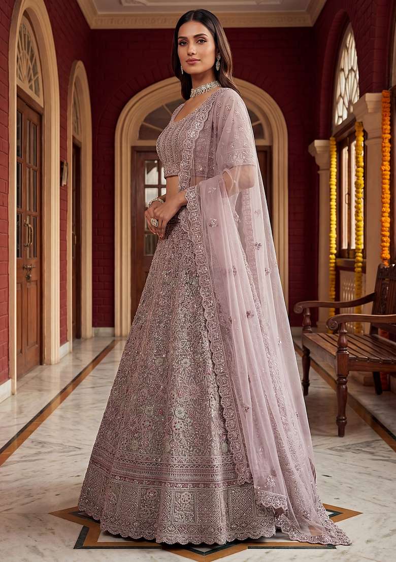 Purple Embroidery Net Lehenga Set - Indya