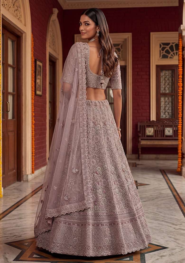 Purple Embroidery Net Lehenga Set - Indya