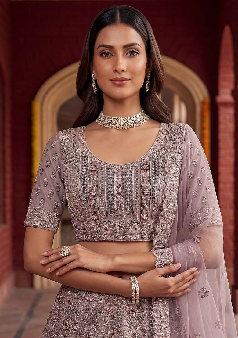Purple Embroidery Net Lehenga Set - Indya