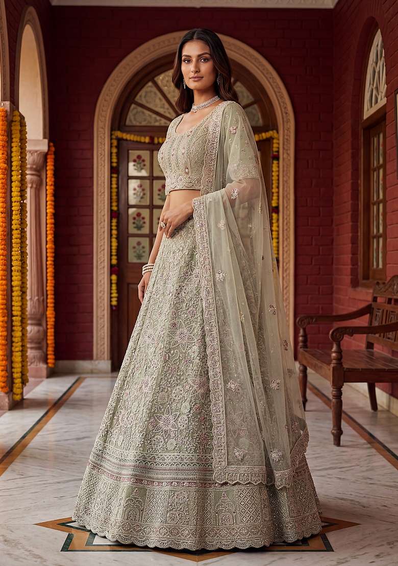 Pista Embroidery Net Lehenga Set - Indya