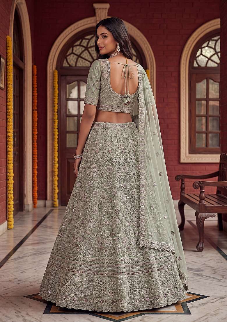 Pista Embroidery Net Lehenga Set - Indya