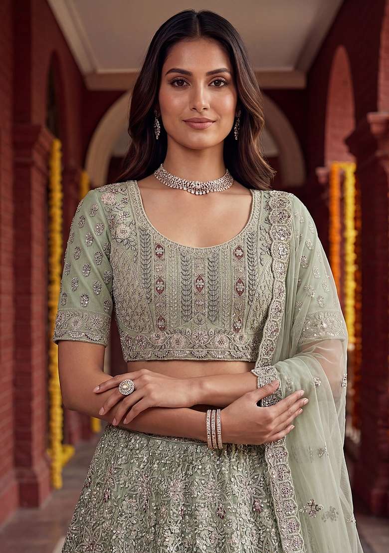 Pista Embroidery Net Lehenga Set - Indya