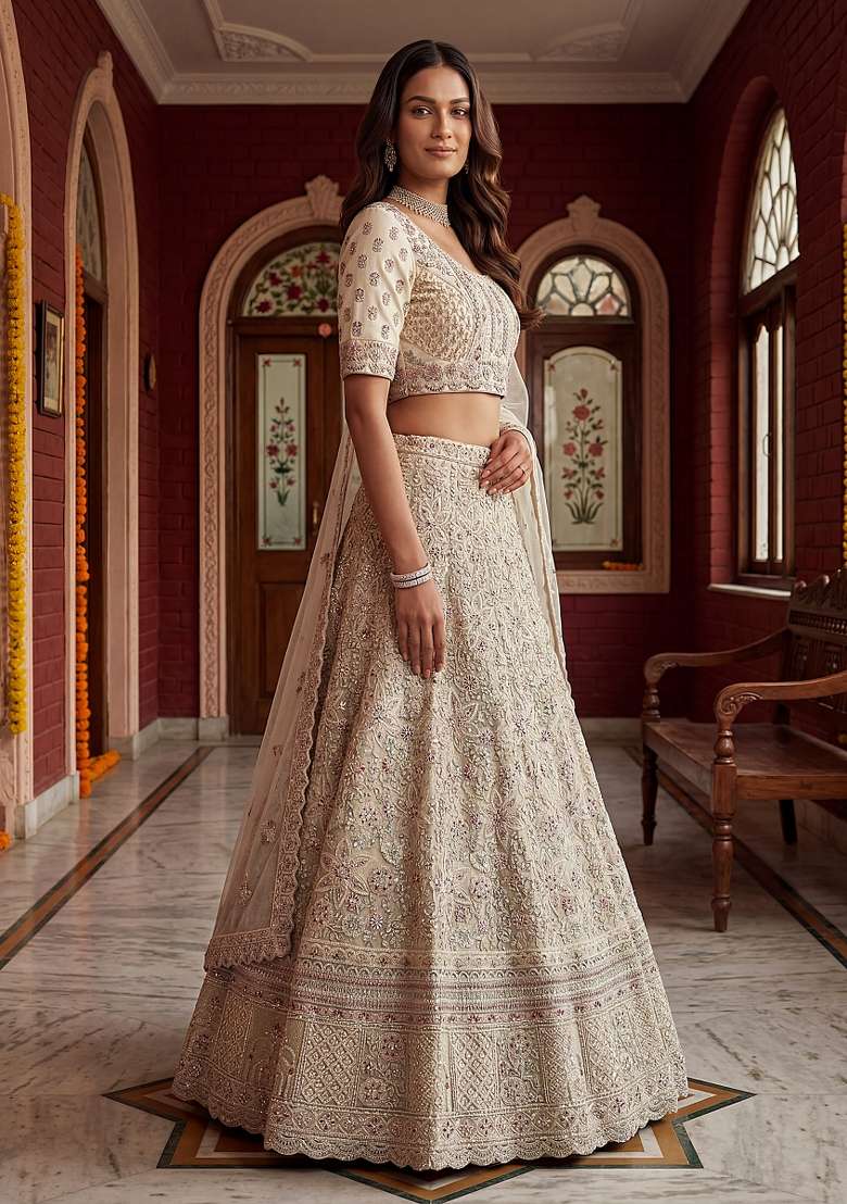 Cream Embroidery Net Lehenga Set - Indya