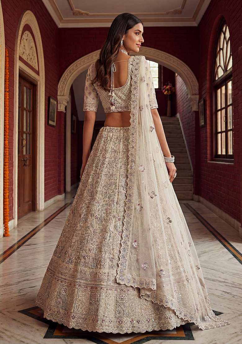 Cream Embroidery Net Lehenga Set - Indya