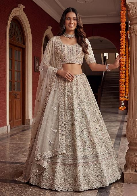 Cream Embroidery Net Lehenga Set