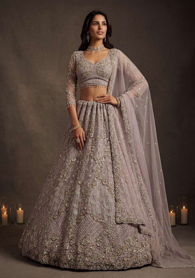Purple Sequin Work Net Lehenga Set - Indya