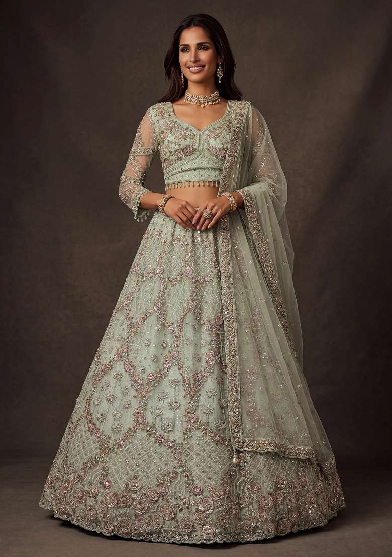 Pista Sequin Work Net Lehenga Set - Indya