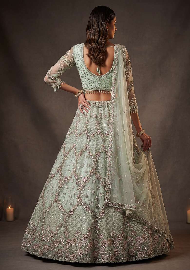 Pista Sequin Work Net Lehenga Set - Indya
