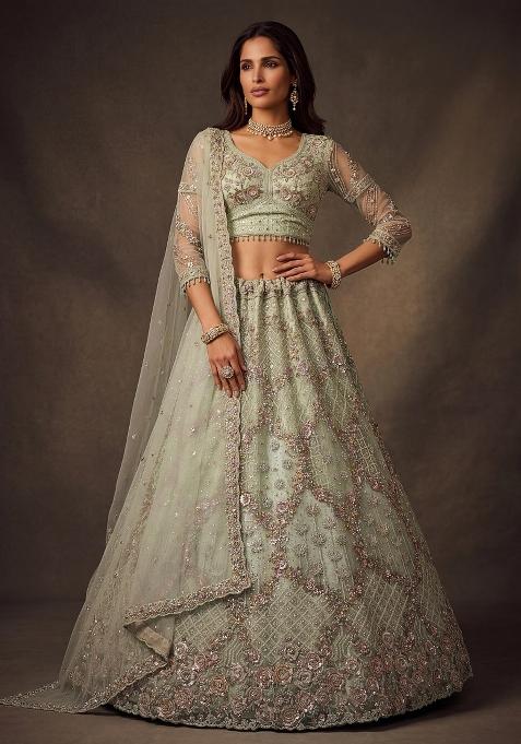 Pista Sequin Work Net Lehenga Set