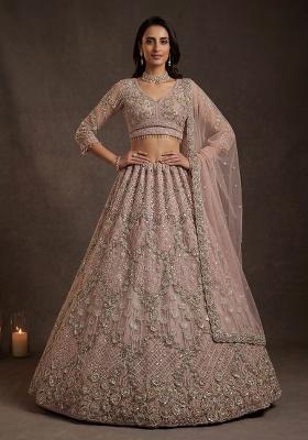 Peach Sequin Work Net Lehenga Set