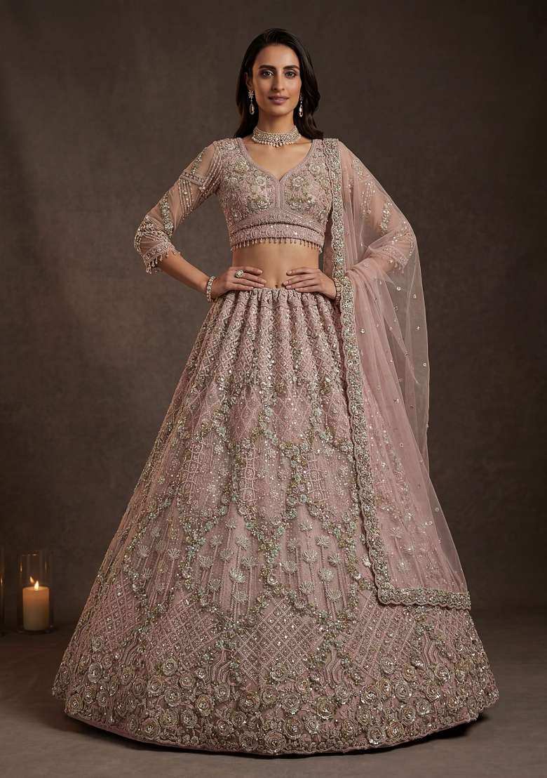 Peach Sequin Work Net Lehenga Set - Indya