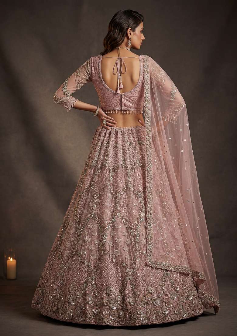 Peach Sequin Work Net Lehenga Set - Indya