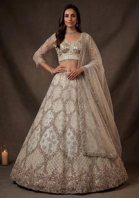 Cream Sequin Work Net Lehenga Set